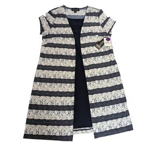Perceptions New York Navy White Polka Dot Lace Stripe Dress Tunic Top L
